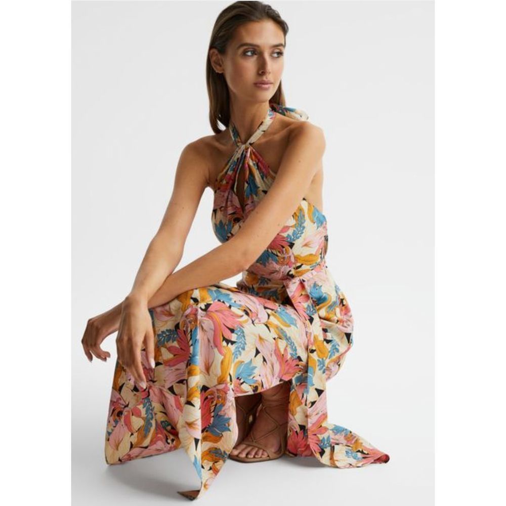 Reiss Vibrant Leaf Print Halter Midi Dress